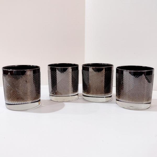 Vintage Silver Chevron Whiskey Glasses, Set of Four, Retro Rocks Glasses