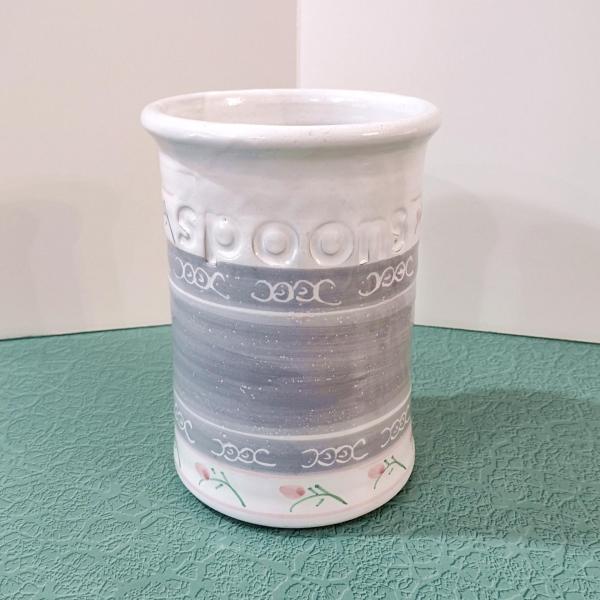 Vintage Ceramic Kitchen Utensil Spoon Holder, Gray and White with Pink Flowers, Country Cottage Collection