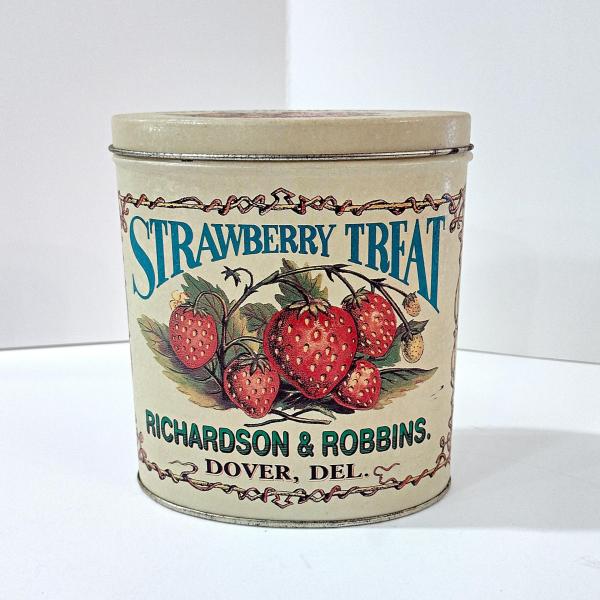 Vintage Strawberry Treats Richardson and Robbins Oval Storage Tin, Bristol Ware Retro Collectible Tin Container