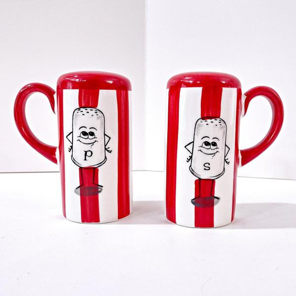 Vintage Red and White Striped Movie Popcorn Box Salt and Pepper Shaker Set with Anthropomorphic Characters, Large Handled Kitchen Shakers