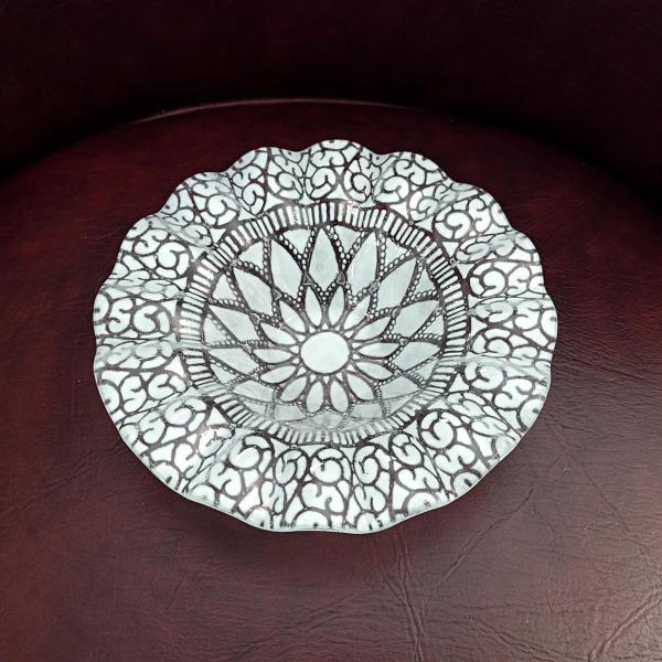 Vintage Sydenstricker Fused Glass Ruffled White and Clear Floral Bowl, Trinket Jewelry Dish