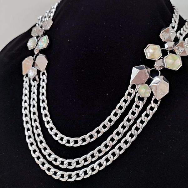 Vintage Silver Toned Triple Chain Statement Necklace with Rhinestones and Dichroic Cabochons, Adjustable Length 21" to 23"