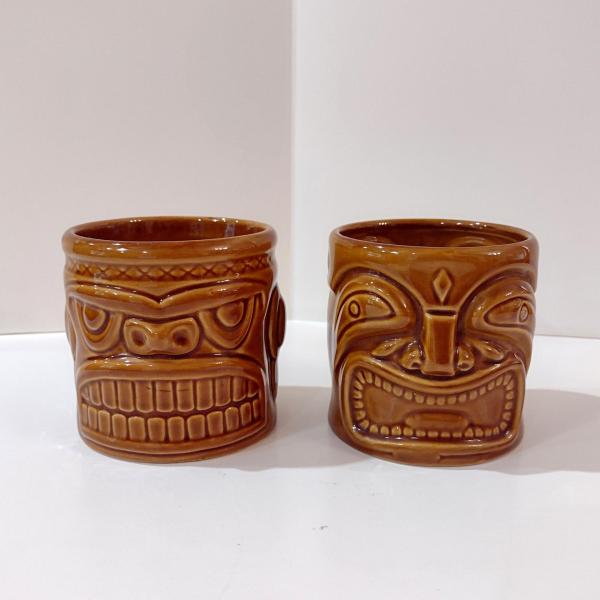 Vintage Ceramic Tiki Mugs, Set of Two, 2002 Accoutrements Double Sided Two Face Tiki Cups, Tropical Barware, Tiki Man Pot Planter