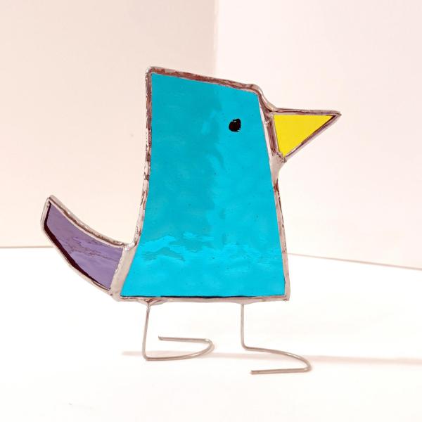 Stained Glass Standing Bird, Funky Turquoise Blue and Purple Glass Bird Suncatcher, Bird Lover Gift, Windowsill Sitter