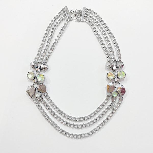 Vintage Silver Toned Triple Chain Statement Necklace with Rhinestones and Dichroic Cabochons, Adjustable Length 21" to 23"