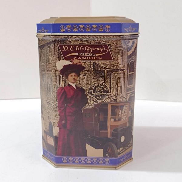 Vintage Retro Wolfgang Candies Mima Mae Collectible Tin, D. E. Wolfgang's Homemade Candies Historical Storage Tin Box