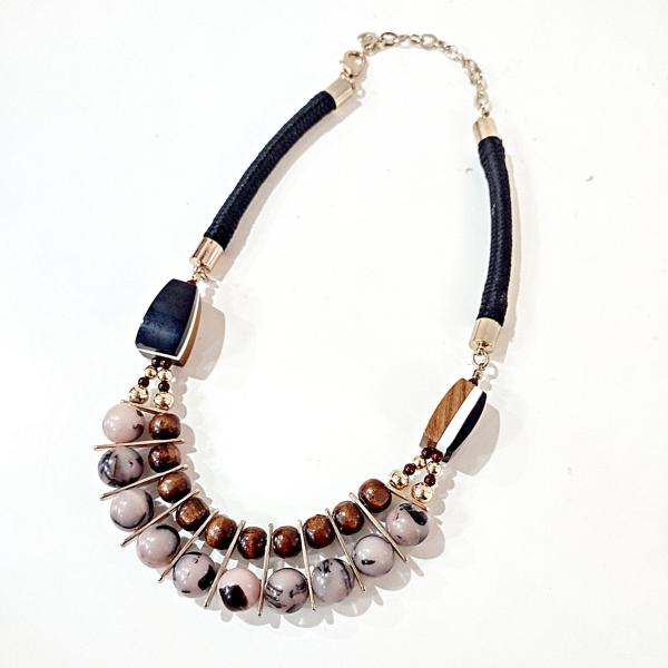 Vintage Wooden Beaded, Rope, and Gold Toned Brown Black Tan Chico's Statement Necklace