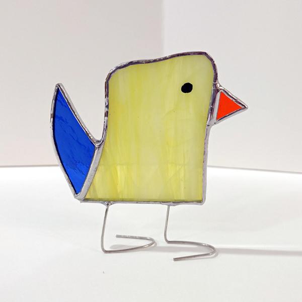 Stained Glass Standing Bird, Funky Yellow and Blue Glass Bird Suncatcher, Bird Lover Gift, Windowsill Sitter