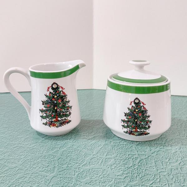 Vintage Yule Tide Ceramic Cream and Sugar Set, Georges Briard Christmas Holiday Dinnerware